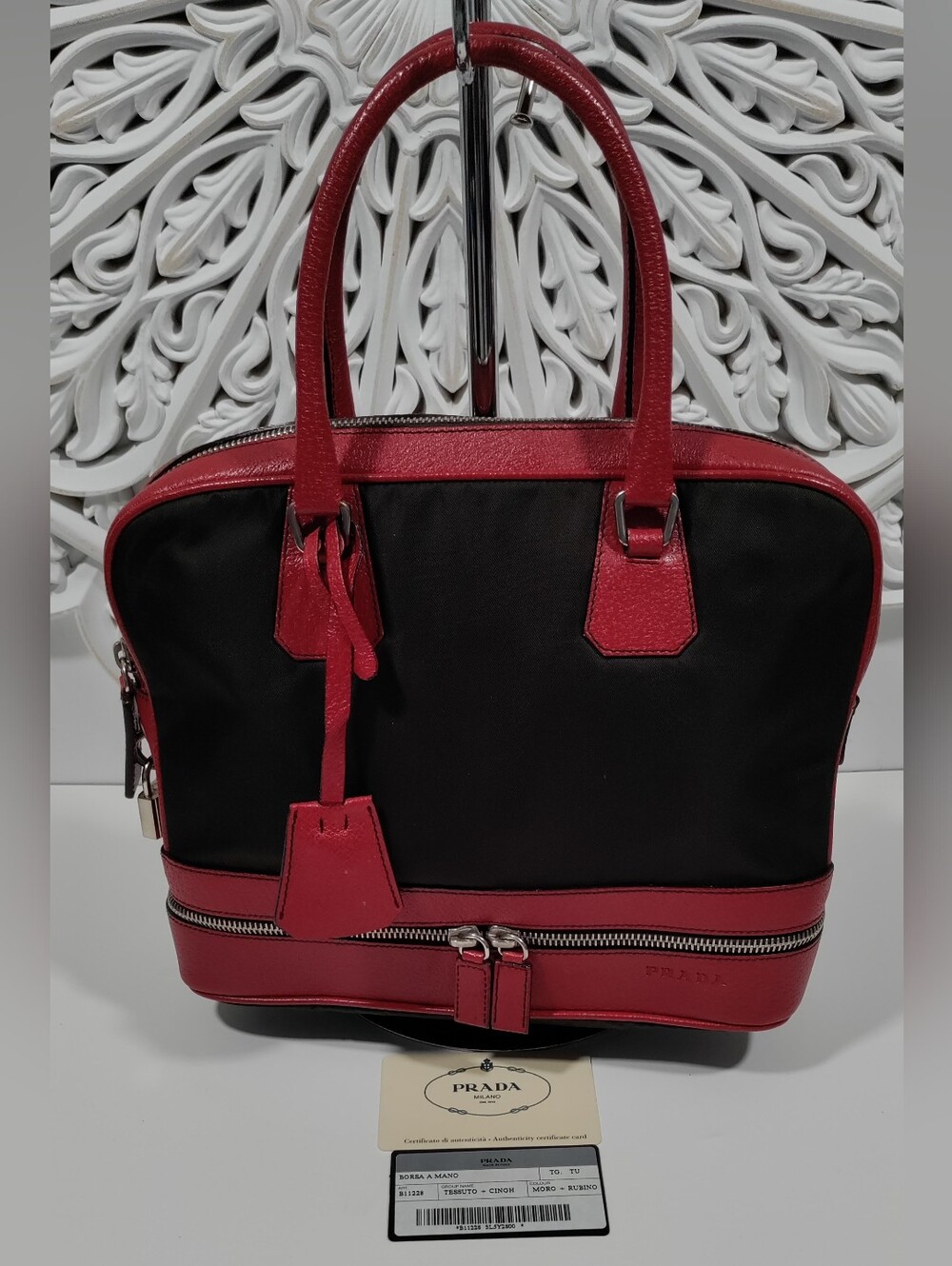 Prada B11228 Tessuto Nylon & Cinghiale Leather Handbag Moro Rubino
